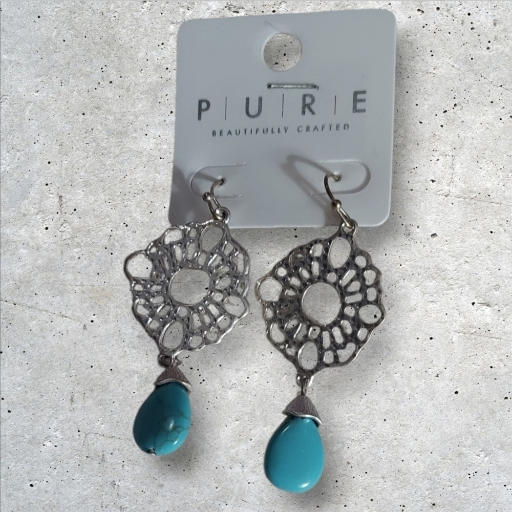 NWT Pure For Nadine West Elegant Silver Cutout Faux Turquoise Drop Earrings ~2"